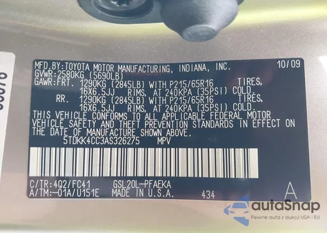 2010 Toyota Sienna Le из США, поврежденный, VIN 5TDKK4CC3AS326275